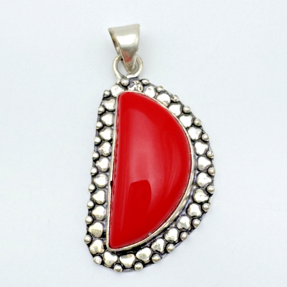 Half Moon Pendant Southwest Style Faux Coral Sterling Silver Plated Red 1.875"